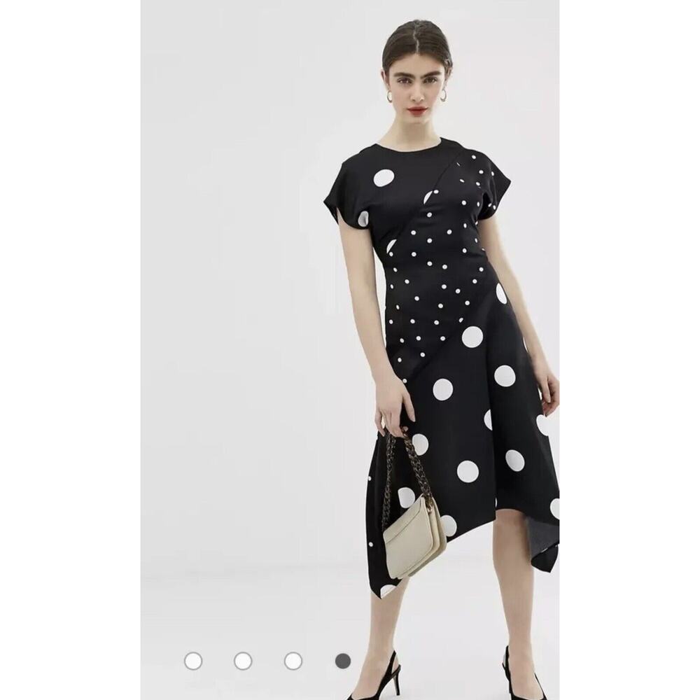 Warehouse Black White Polka Dot Hanky Hem Asymmetric Satin Cut Out Midi Dress 10